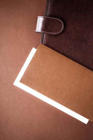 Productivity, work and corporate lifestyle concept - Vintage business briefcase on the office table desk, flatlay backgroundの写真素材