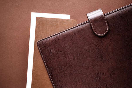 Productivity, work and corporate lifestyle concept - Vintage business briefcase on the office table desk, flatlay backgroundの写真素材