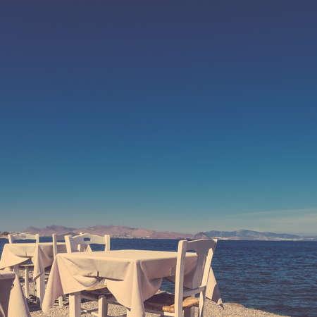 Summer holiday, eating out and beach life concept - Restaurant by the sea, Mediterranean vacationの写真素材