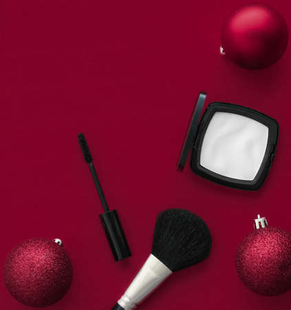 Cosmetic branding, fashion blog cover and girly glamour concept - Make-up and cosmetics product set for beauty brand Christmas sale promotion, luxury wine flatlay background as holiday designの写真素材