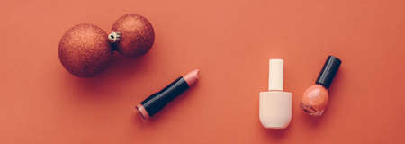 Cosmetic branding, fashion blog cover and girly glamour concept - Make-up and cosmetics product set for beauty brand Christmas sale promotion, vintage orange flatlay background as holiday designの写真素材