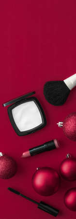 Cosmetic branding, fashion blog cover and girly glamour concept - Make-up and cosmetics product set for beauty brand Christmas sale promotion, luxury wine flatlay background as holiday designの写真素材