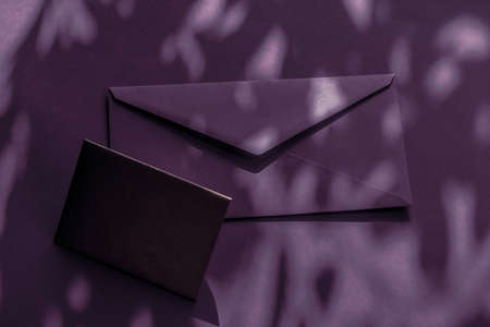 Holiday marketing, business kit and email newsletter concept - Beauty brand identity as flatlay mockup design, business card and letter for online luxury branding on plum shadow backgroundの写真素材