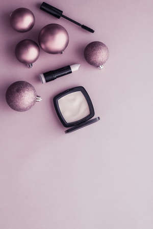 Cosmetic branding, fashion blog cover and girly glamour concept - Make-up and cosmetics product set for beauty brand Christmas sale promotion, luxury purple flatlay background as holiday designの写真素材