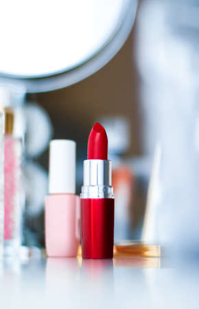 Cosmetic branding, girly and glamour concept - Cosmetics, makeup products on dressing vanity table, lipstick, foundation base, nailpolish and eyeshadows for luxury beauty and fashion brand ads designの写真素材