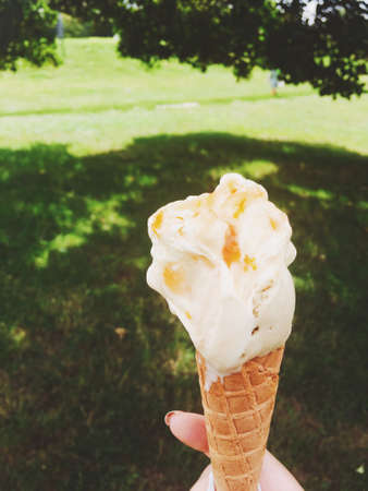 Delicious gelato, organic dairy and homemade recipe concept - Ice cream cone melting outdoors in summer, sweet dessert food on holidayの写真素材