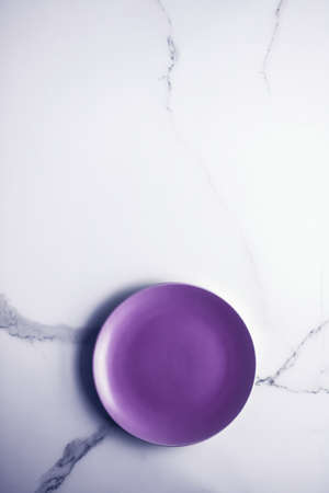 Branding, cuisine and culinary concept - Purple empty plate on marble table background, tableware...