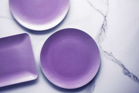 Branding, cuisine and culinary concept - Purple empty plate on marble table background, tableware decor for breakfast, lunch and dinner for restaurant brand menu recipe, luxury holiday flatlay designの写真素材