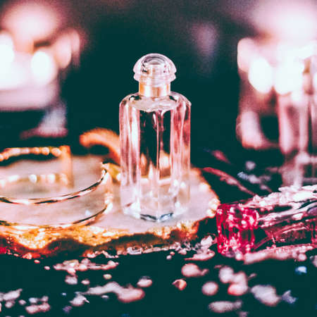 Perfumery, cosmetic branding and spa concept - Perfume bottles and vintage fragrance at night, aroma scent, fragrant cosmetics and eau de toilette as luxury beauty brand, holiday fashion parfum designの写真素材
