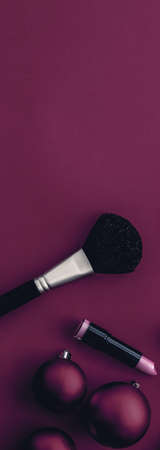 Cosmetic branding, fashion blog cover and girly glamour concept - Make-up and cosmetics product set for beauty brand Christmas sale promotion, luxury magenta flatlay background as holiday designの写真素材