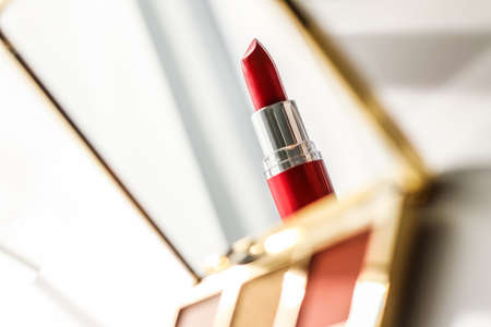 Cosmetic branding, girly and glamour concept - Cosmetics, makeup products set on marble vanity table, lipstick, eyeshadows and make-up brush for luxury beauty and fashion brand ads, holiday designの写真素材