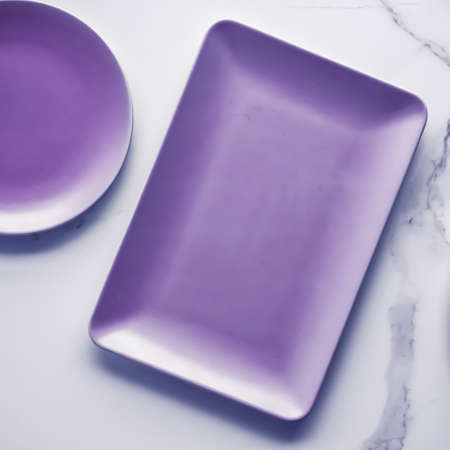 Branding, cuisine and culinary concept - Purple empty plate on marble table background, tableware...
