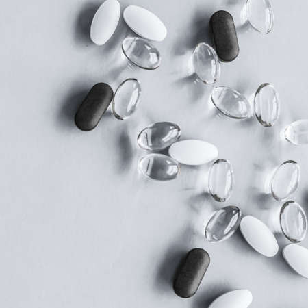 Pharma, branding and lab concept - Pills and capsules for diet nutrition, anti-aging beauty...