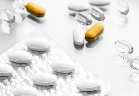 Pharma, branding and lab concept - Pills and capsules for diet nutrition, anti-aging beauty...
