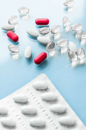 Pharma, branding and lab concept - Pills and capsules for diet nutrition, anti-aging beauty...