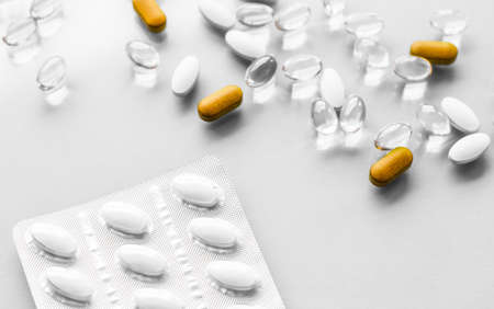 Pharma, branding and lab concept - Pills and capsules for diet nutrition, anti-aging beauty...