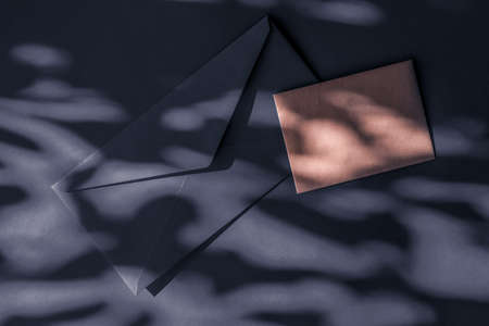 Holiday marketing, business kit and email newsletter concept - Beauty brand identity as flatlay mockup design, business card and letter for online luxury branding on charcoal shadow backgroundの写真素材