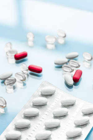 Pharma, branding and lab concept - Pills and capsules for diet nutrition, anti-aging beauty...
