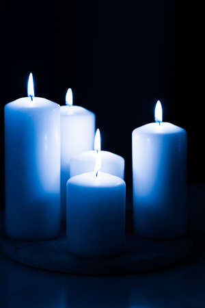 Decoration, branding and spa concept - Aromatic blue floral candles set at night, Christmas, New Years and holidays background, Valentines Day luxury home decor and holiday season brand designの写真素材