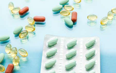 Pharma, branding and lab concept - Pills and capsules for diet nutrition, anti-aging beauty...