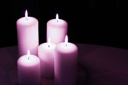 Decoration, branding and spa concept - Aromatic purple floral candles set at night, Christmas, New Years and holidays background, Valentines Day luxury home decor and holiday season brand designの写真素材