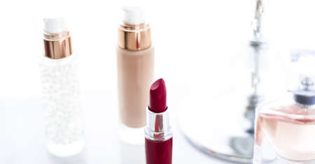 Cosmetic branding, girly and glamour concept - Cosmetics, makeup products on dressing vanity table, lipstick, foundation base, nailpolish and eyeshadows for luxury beauty and fashion brand ads designの写真素材