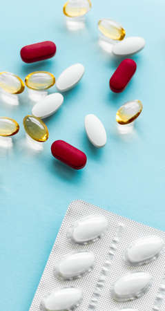 Pharma, branding and lab concept - Pills and capsules for diet nutrition, anti-aging beauty...