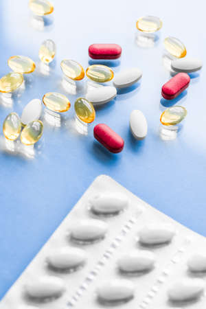 Pharma, branding and lab concept - Pills and capsules for diet nutrition, anti-aging beauty supplements, probiotic drugs, pill vitamins as medicine and healthcare cosmetics, pharmacy brand backgroundの写真素材