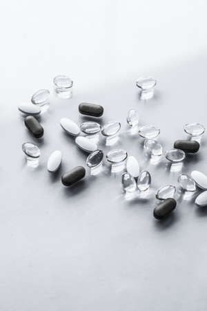 Pharma, branding and lab concept - Pills and capsules for diet nutrition, anti-aging beauty...
