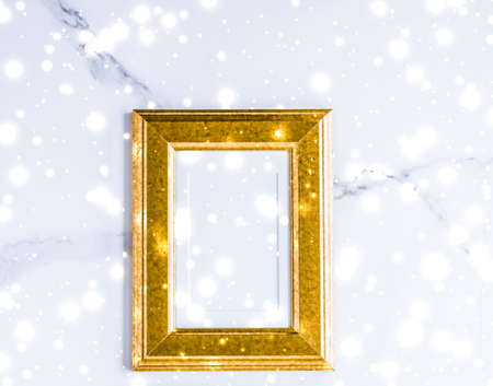 Art gallery, printable poster and online shop mockup concept - Golden photo frame and glowing...