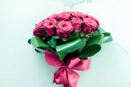 Gift for her, romantic relationship and floral design concept - Luxury bouquet of pink roses on marble background, beautiful flowers as holiday love present on Valentines Dayの写真素材