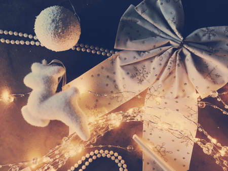 Festive, branding and season concept - Christmas tree decorations, baubles, bows and garlands as festive home decor, vintage greeting card for luxury holiday brand, flatlay designの写真素材