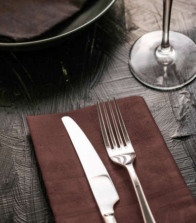 Dishware, menu and table concept - Empty tableware with brown napkin, food styling plating props, deluxe set for wedding, event, date, party or luxury home interior decor brand, holiday designの写真素材