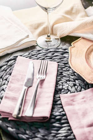 Table scape, menu and interior concept - Holiday table setting with pink napkin and silver cutlery, food styling props, vintage set for wedding, event, date, party or luxury home decor brand designの写真素材