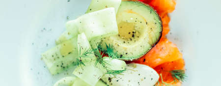 Lunch, restaurant and diet concept - Fresh salmon salad with avocado and creamy mascarpone cheese flat lay, table flatlay, top view food photography and recipe inspiration for cooking blog or cookbookの写真素材