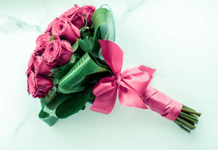 Gift for her, romantic relationship and floral design concept - Luxury bouquet of pink roses on marble background, beautiful flowers as holiday love present on Valentines Dayの写真素材