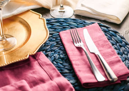 Table scape, menu and interior concept - Holiday table setting with pink napkin and silver cutlery, food styling props, vintage set for wedding, event, date, party or luxury home decor brand designの写真素材