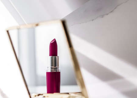 Cosmetic branding, girly and glamour concept - Cosmetics, makeup products set on marble vanity table, lipstick, eyeshadows and make-up brush for luxury beauty and fashion brand ads, holiday designの写真素材