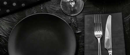 Dishware, menu and table concept - Empty tableware with black napkin, food styling plating props, deluxe set for wedding, event, date, party or luxury home interior decor brand, holiday designの写真素材