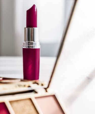 Cosmetic branding, girly and glamour concept - Cosmetics, makeup products set on marble vanity table, lipstick, eyeshadows and make-up brush for luxury beauty and fashion brand ads, holiday designの写真素材