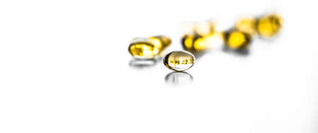 Pharmaceutical, branding and science concept -  Vitamin D and golden Omega 3 pills for healthy diet...