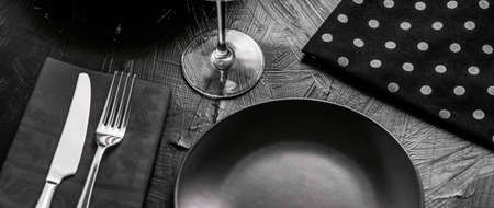 Dishware, menu and table concept - Empty tableware with black napkin, food styling plating props, deluxe set for wedding, event, date, party or luxury home interior decor brand, holiday designの写真素材