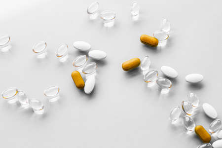 Pharma, branding and lab concept - Pills and capsules for diet nutrition, anti-aging beauty supplements, probiotic drugs, pill vitamins as medicine and healthcare cosmetics, pharmacy brand backgroundの写真素材