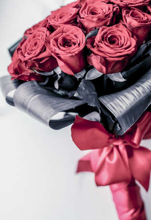 Gift for her, romantic relationship and floral design concept - Luxury bouquet of coral roses on marble background, beautiful flowers as holiday love present on Valentines Dayの写真素材