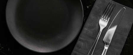 Dishware, menu and table concept - Empty tableware with black napkin, food styling plating props, deluxe set for wedding, event, date, party or luxury home interior decor brand, holiday designの写真素材