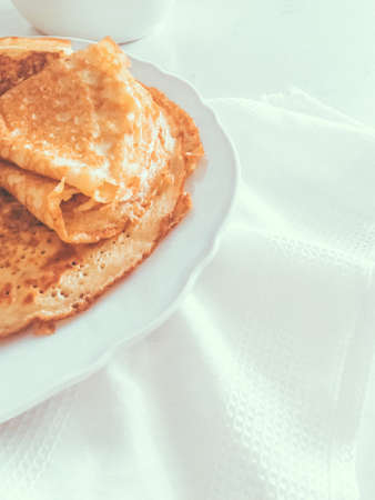 Brunch, sweet and diet concept - Authentic food, thin homemade pancakes on marble table background, gluten free rustic crepes for breakfast as traditional cuisine recipe, healthy eating brand designの写真素材