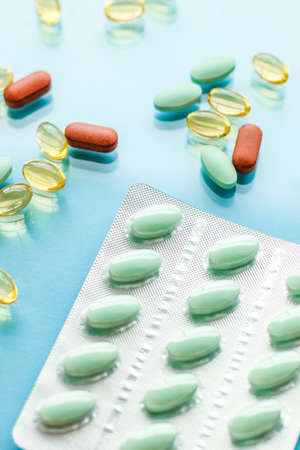 Pharma, branding and lab concept - Pills and capsules for diet nutrition, anti-aging beauty...