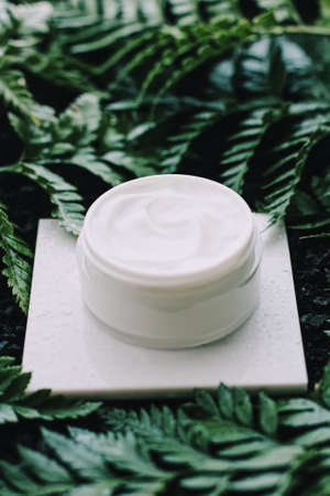 Face cream moisturizer jar in green garden, natural herbal skincare cosmetics and organic anti-aging product for health and beauty brandの写真素材