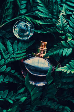 Perfume bottle with aromatic tropical scent in nature, luxury summer fragranceの写真素材