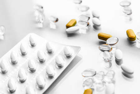 Pills, capsules and probiotics, healthcare and medicine for virus protection, close-up